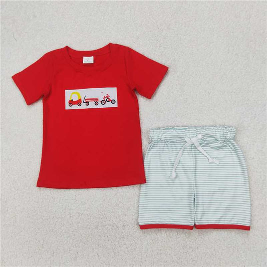 RTS BSSO1432 Baby Boys Summer Clothes Embroidery Baby Boys Red Trucks Top Blue Stripe Shorts Sets