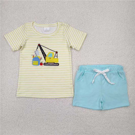 RTS BSSO1417 Baby Boys Summer Clothes Embroidery Baby Boys Back To School Excavator Shirts Top Blue Pockets Shorts Sets