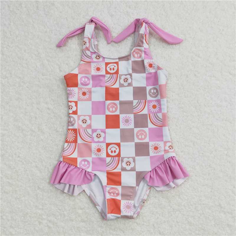 RTS S0150 Baby Girls Smiley Floral Rainbow One-Piece Swimsuit Infant Pool Swimwear Baby Girls' Summer Beachwear