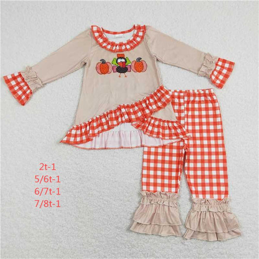 Turkey and pumpkin plaid lace set G3-20-1/.';