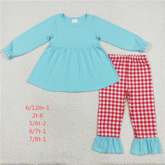 Sky blue top Red and white plaid pants suit G2-15-1 ',