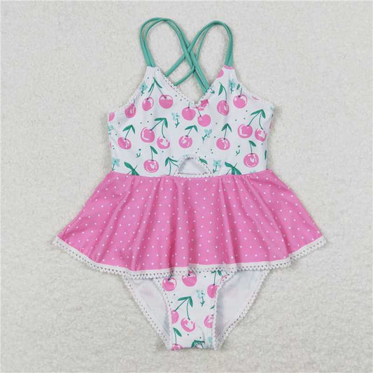 RTS S0251  Baby Girls Cherry Pink Green Ruffle One Piece Swimsuit Cute Baby Girl Swimwear with Ruffles for Summer