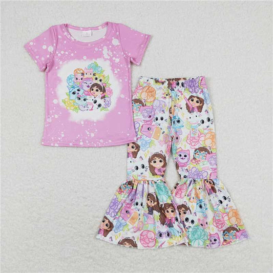 RTS GSPO1372 Baby Girls Pink Animal Cat And Flower Print Shirt Top with Bell Pants Cute Themed Clothing Set for Infants