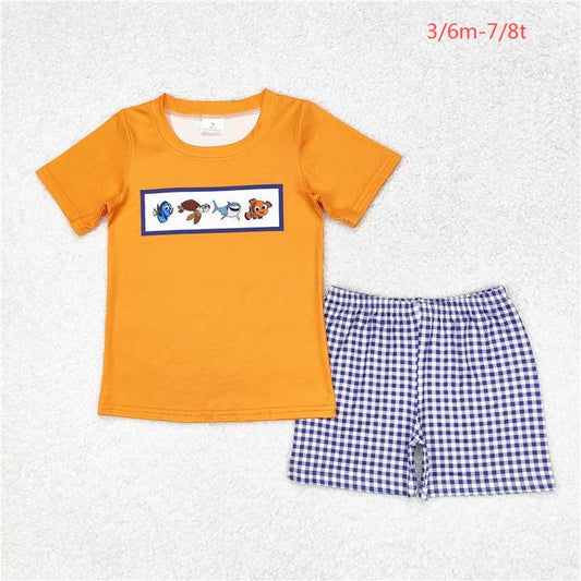 BSSO0964 Boy cartoon Fish orange short-sleeved plaid shorts suit