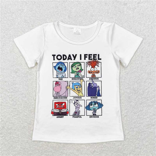 RTS GT0674 Baby Girls Cartoon Short Sleeve Tee Shirts Tops Today I Feel Fun And Playful Graphic Print Cotton Kids' Clothing