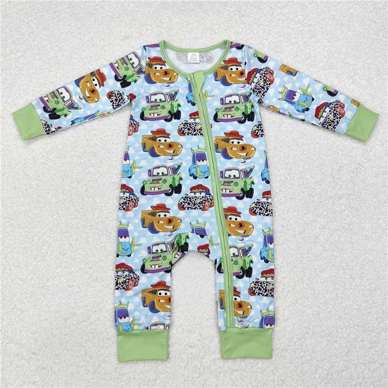 Sibling Girls Baby Infant Boys Green Cars Bamboo Zip Rompers