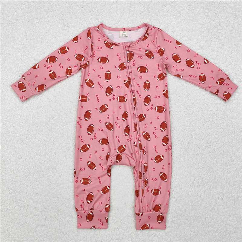 Sibling Baby Infant Boys Girls Fall Football Bamboo Zip Long Sleeve Rompers