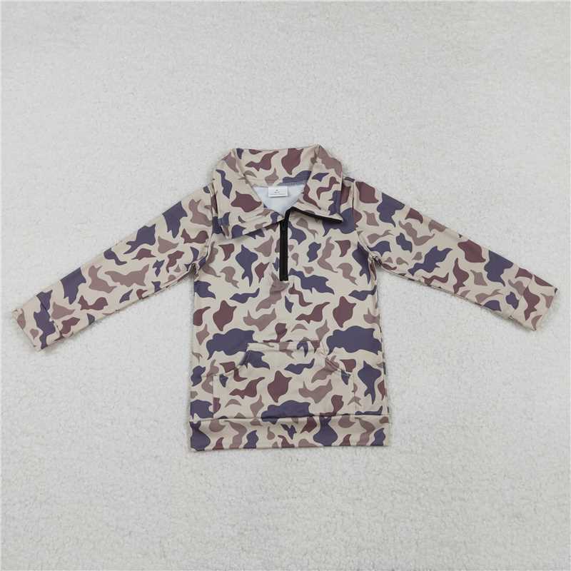 Mommy&Me Baby Boys Grey Khaki Camo Zip Pocket Pullovers Top