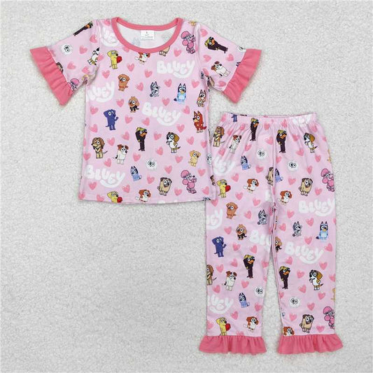 RTS GSPO1760 Baby Girls Valentine's Day Shirts And Pants Set with Dog And Heart Print Children's Clothing Pajamas Outfit Set