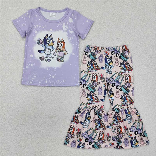 RTS GSPO1788 Baby Girls Easter Dog And Rabbit Print Shirt And Bell Pants Clothing Set for Infants Baby Girl's Festive Outfit Set