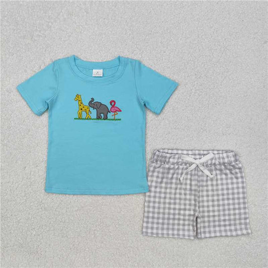RTS BSSO1019 Baby Boys Summer Clothes Baby Boys Giraffe Elephant Flamingo Shirts Shorts Clothes Sets