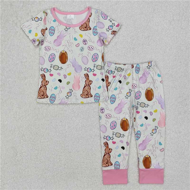 RTS GSPO1960 Baby Girls Easter Themed Rabbit And Egg Print Sleepwear Set Comfortable Pajamas with Shirt And Pants for Spring