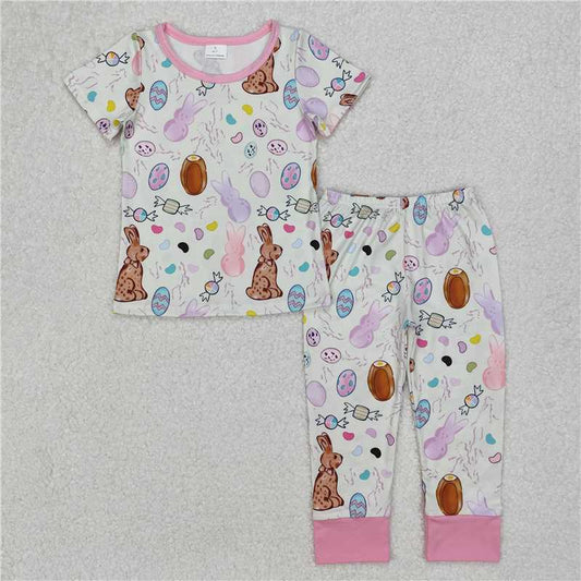 RTS GSPO1960 Baby Girls Easter Themed Rabbit And Egg Print Sleepwear Set Comfortable Pajamas with Shirt And Pants for Spring