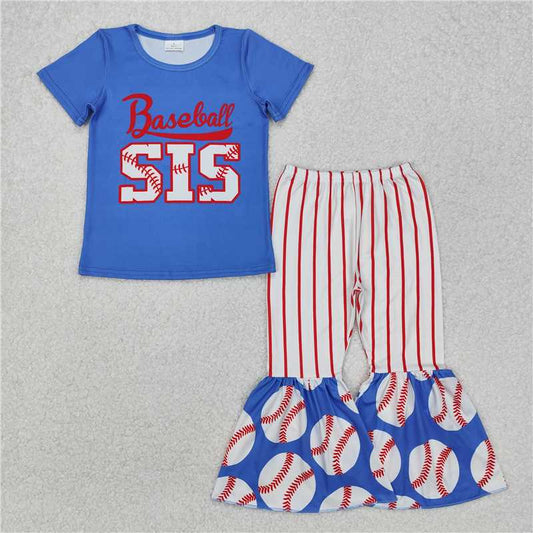RTS GSPO1994 Baby Girls Baseball Outfit Set with Sister Top And Bell Bottom Pants Clothing Ensemble for Infants