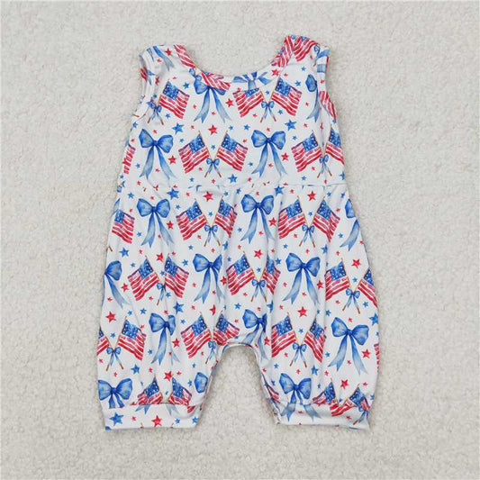 RTS SR2681 Baby Infant Girls Sleeveless Rompers 4th of July Bows Flags Outfit