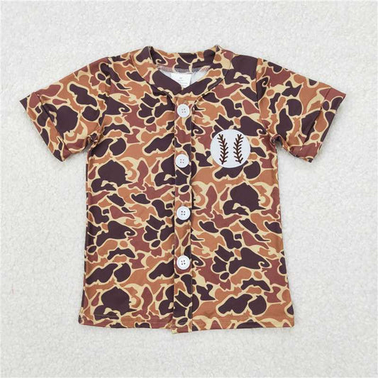 RTS BT1102 Baby Boys Top Embroidery Baseball Baby Boys Brown Camo Button Team Short Sleeve Shirts Tops