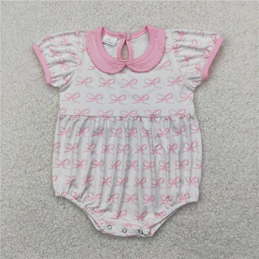RTS SR2893 Baby Infant Girls Pink Rompers Short Sleeve Bows Doll Collar Cute Baby Girl Outfit Pink Clothing for Infants