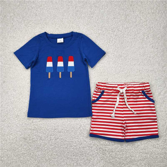 RTS BSSO1250 Baby Boys Summer Clothes Embroidery Baby Boys 4th Of July Popstick Shirts Shorts Clothes Sets