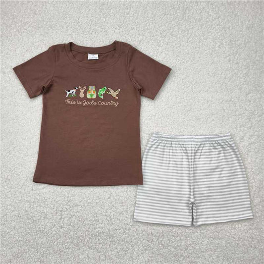 RTS BSSO1410 Baby Boys Summer Clothes Embroidery Baby Boys Brown Gods Country Shirt Stripe Shorts Sets