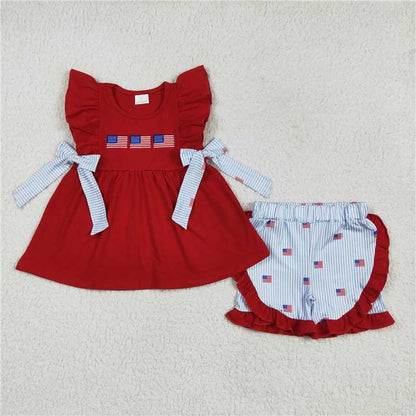 Sibling Embroidery Baby Girls Red Flags 4th of July Bows Rompers Outfits Sets 4.19