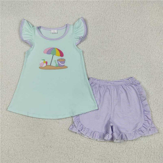 RTS GSSO2553 Lavender Stripe Embroidery Baby Girls 2-Piece Set with Flutter Sleeves Beach Tunic And Shorts