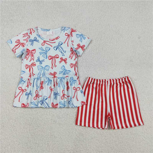 RTS GSSO2838 Baby Girls July 4th Outfit Set with Red Blue Bows Ruffle Top And Stripe Shorts for Baby Girl's Summer Clothing
