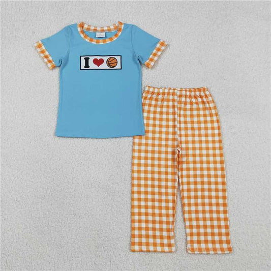 RTS BSPO0619 Kids Summer Top With Long Pants Embroidery I Love Basketball Baby Boys Top Checked Pants Team Clothes Sets