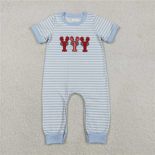 RTS SR3333 Baby Boys Romper Embroidery Crayfishes Baby Boys Grey Stripe Footie Rompers