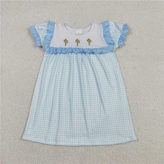 RTS GSD2851 Baby Girls Blue Checked Knee-Length Easter Dress Embroidery Crosses Cute Female Child Outfit for Special Occasions
