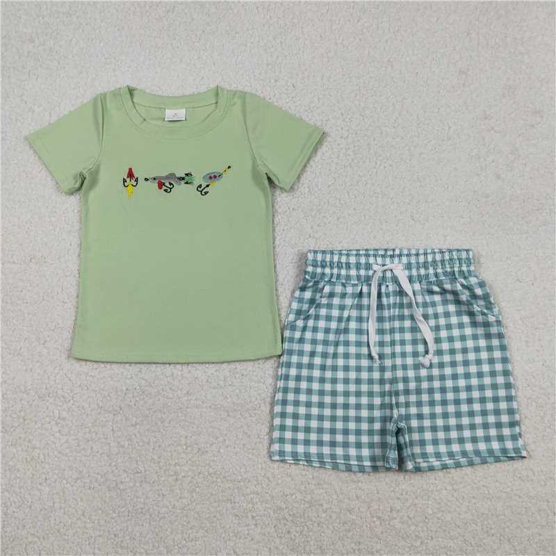RTS BSSO1621 Baby Boys Summer Clothes Embroidery Fishing Baby Boys Top Checked Pockets Shorts Hunting Clothes Sets