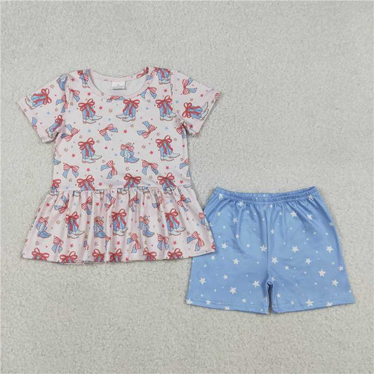 RTS GSSO2837 Baby Girls Western July 4th Outfit Set with Bows Boots Stars Tunic And Shorts Patriotic Clothing for Babies