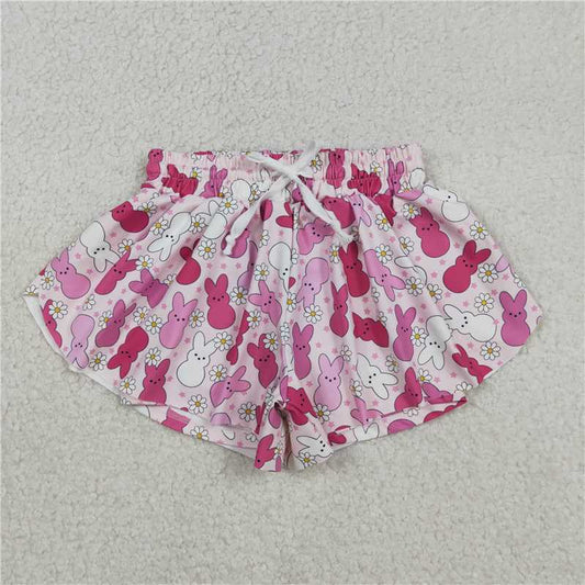 RTS SS0714  Baby Girls Pink Easter Yoga Shorts Ruffle Bottom Rabbits Flowers Active Bottoms