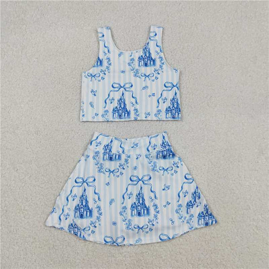 RTS GSD3067 Baby Girls Blue Castle Athletic Active Wear Outfit with Top Shorts And Skirt Set for Little Fashionistas
