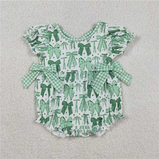 RTS SR3305 Baby Girls Green Ruffle Rompers with St Patrick Bows Design for Infant Girls' Holiday Wear