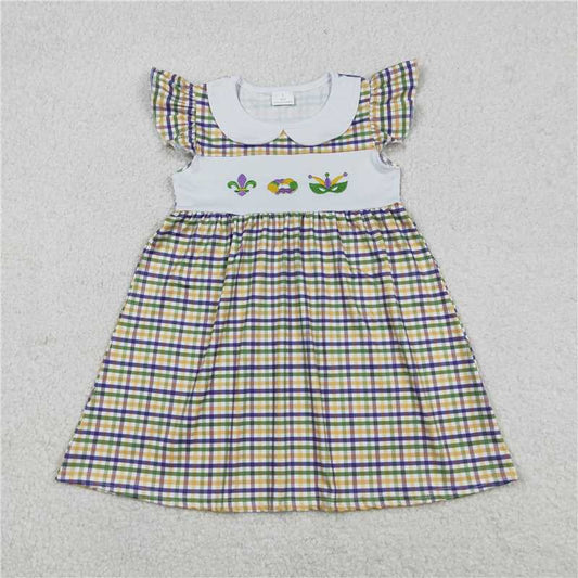 RTS GSD2934  Baby Girls Knee-Length Dress Embroidery Anchors Donuts Mardi Gras Checked Collar Cotton Dress for Little Girls