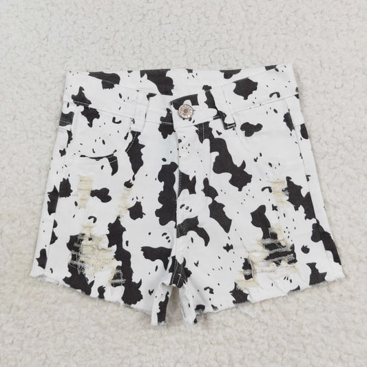 SS0332 White cow-print ripped denim shorts