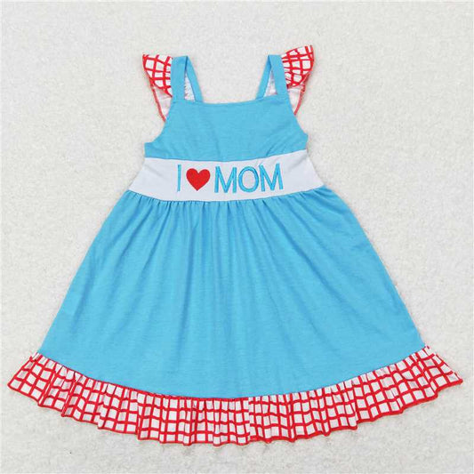 RTS GSD0594Baby Girls Toddler 'I Love Mom' Printed Dress with Flutter Sleeves Knee-Length Casual Cotton Dress for Little Girls