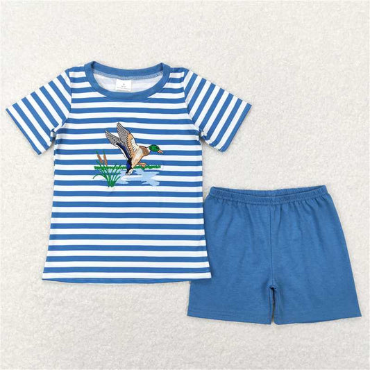 RTS BSSO0308 Baby Boys Blue Stripes Duck Tee Shirts Tops Shorts Clothing Sets