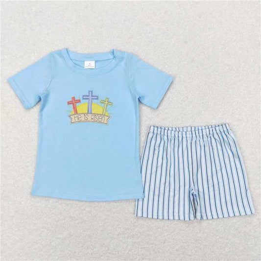 RTS BSSO0356 Baby Boys Easter He Is Risen Cross Short Sleeve Top Short Clothes Sets