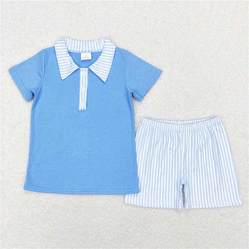 RTS BSSO0402 Baby Boys Blue Buttons Top Blue Stripes Shorts Outfits Clothing Sets