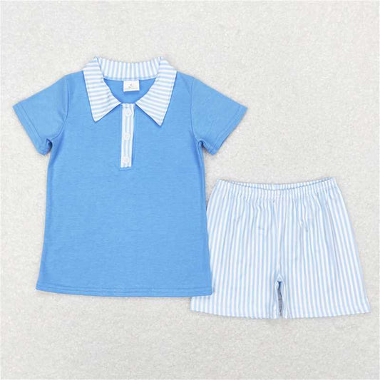 RTS BSSO0402 Baby Boys Blue Buttons Top Blue Stripes Shorts Outfits Clothing Sets