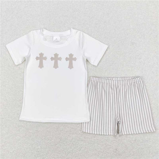RTS BSSO0354 Baby Boys White Easter Cross Shirt Top Shorts Clothing Sets