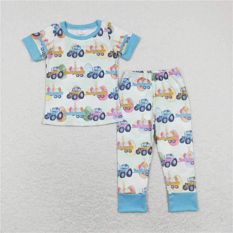 RTS BSPO0300 Kids Summer Top With Long Pants Baby Boys Easter Tractor Eggs Shirts Pants Pajamas Clothes Sets