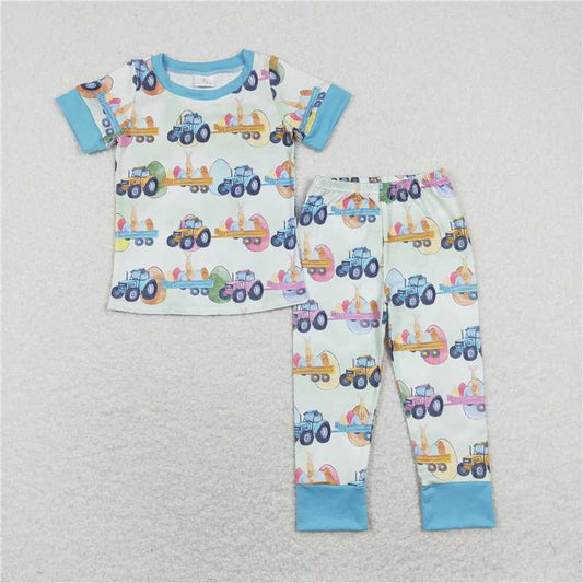 RTS BSPO0300 Kids Summer Top With Long Pants Baby Boys Easter Tractor Eggs Shirts Pants Pajamas Clothes Sets