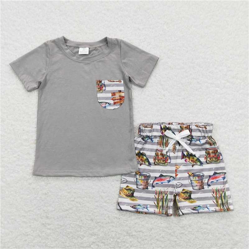 RTS BSSO0481 Baby Boys Grey Pocket Tee Top Fishing Outfits Clothes Sets