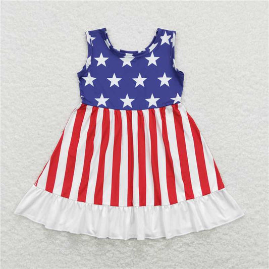 RTS GSD0667Baby Girls Sleeveless Ruffle Dresses 4th of July Stars Stripes Patriotic Cotton Romper for Toddlers And Infants