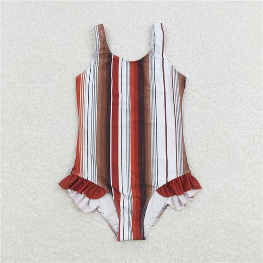 RTS S0238 Baby Girls Brown Stripes Western Summer Swimsuit for Infants Summer Swimwear Baby Girls Brown Stripes Western Swimsuit