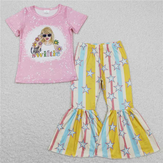 RTS GSPO1382 Baby Girls Singer Short Sleeve Shirt Top with Star Print Bell Pants Outfit Set for Little Ones