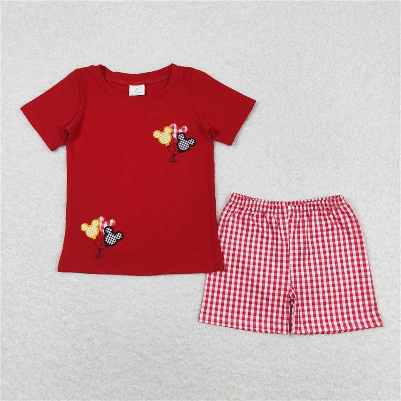 RTS BSSO0652 Baby Boys Summer Clothes Baby Boys Red Cartoon Shirt Checkered Shorts Clothes Sets