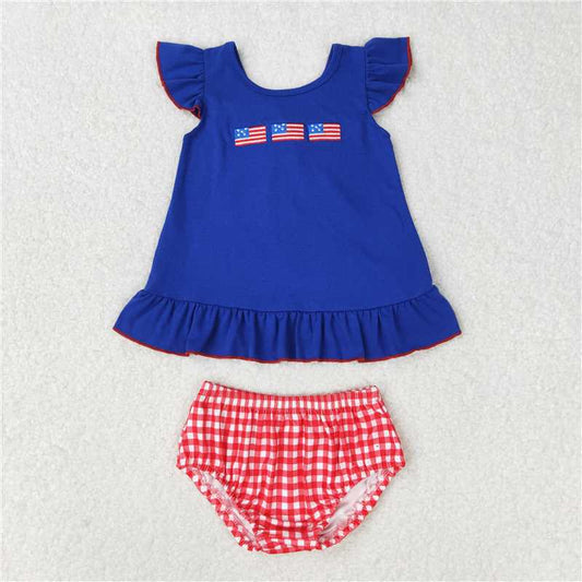 RTS GBO0311 Baby Girls 4th of July Flags Tunic Bummies Outfit Set Summer Cotton Clothes for Baby Girls